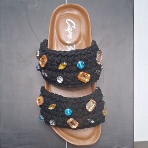 Cape Robbin Black Sandals with Multicolor Jewels